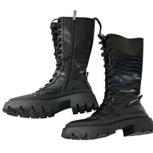 ZARA Black Croc-Embossed Platform Combat Boots Lug Sole Lace-Up Zip EU 39